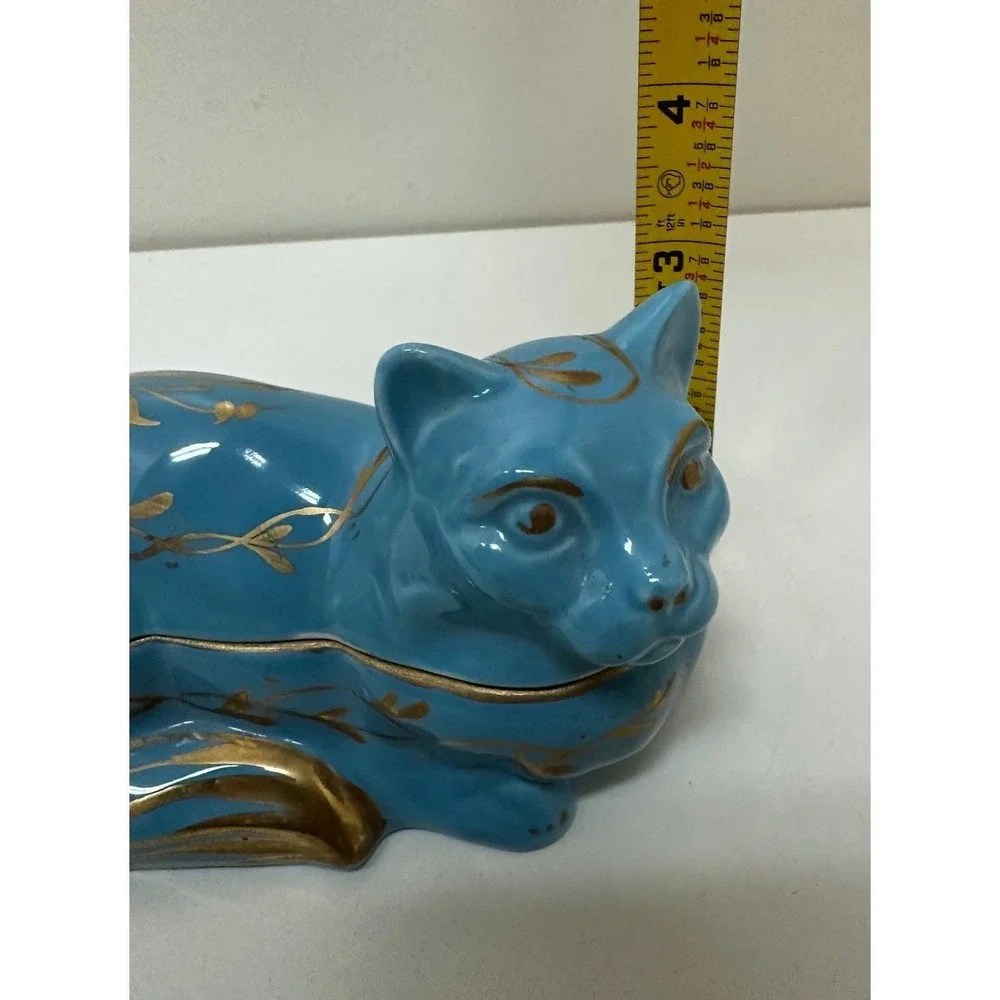 Vintage Limoges France Blue Ceramic Cat Trinket Box Gold Floral Hand Painted